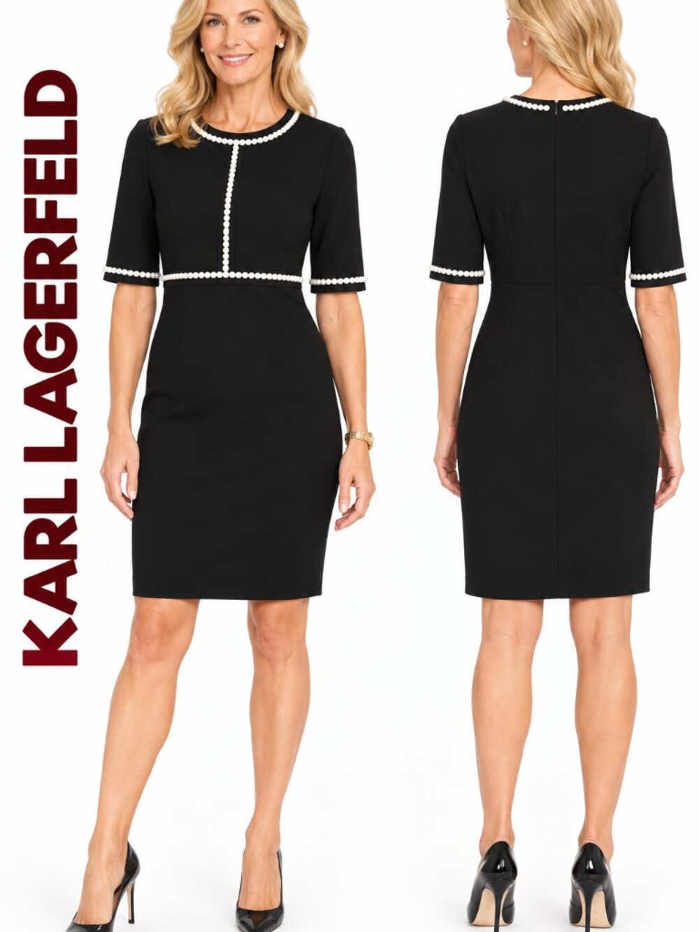 Karl Lagerfeld Paris Pearl Trim Sheath Dress Size 12 Black NWT